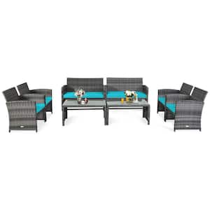 8-Pieces Patio Outdoor Rattan Conversation Furniture Set with Turquoise Cushion