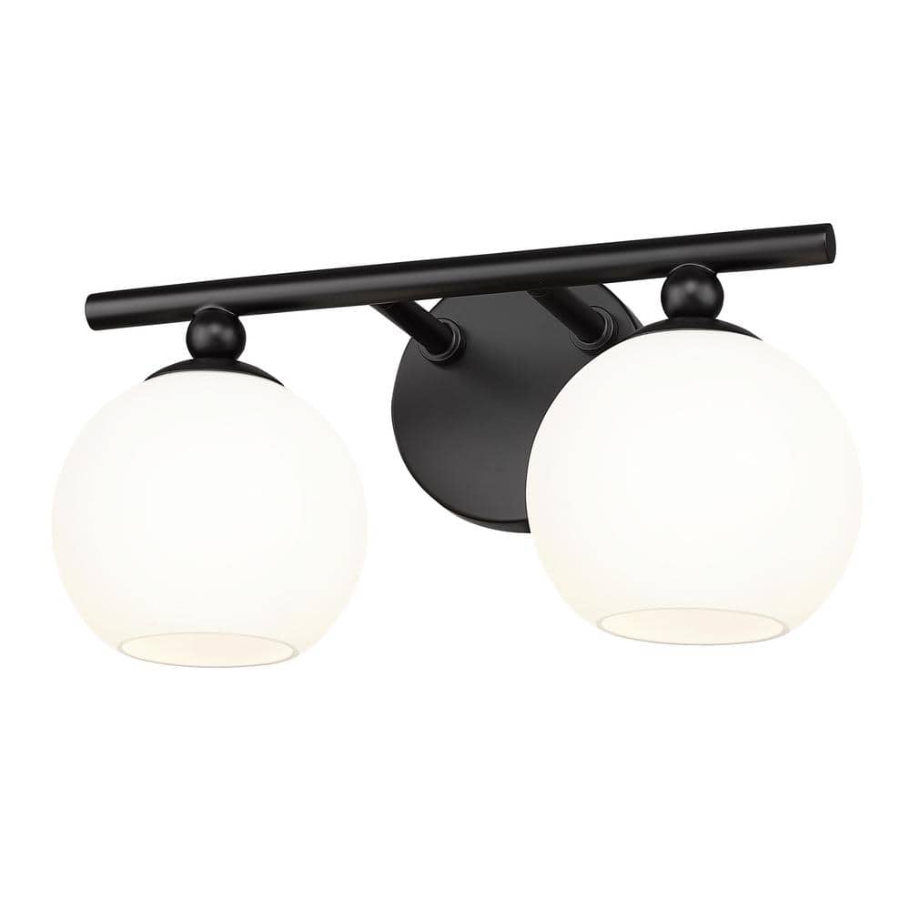 Matte Black and Opal Glass 2-Light Bathroom Vanity Fixture