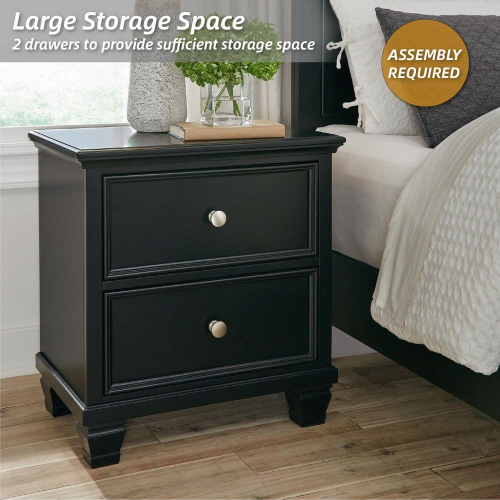 Black Hardwood 2-Drawer Nightstand with Satin Nickel Knobs