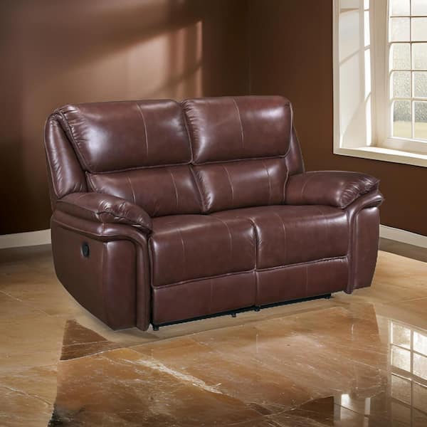 Benjara 38.5 in. Pillow Top Arm Leather Rectangle Loveseat Recliner Sofa in Brown