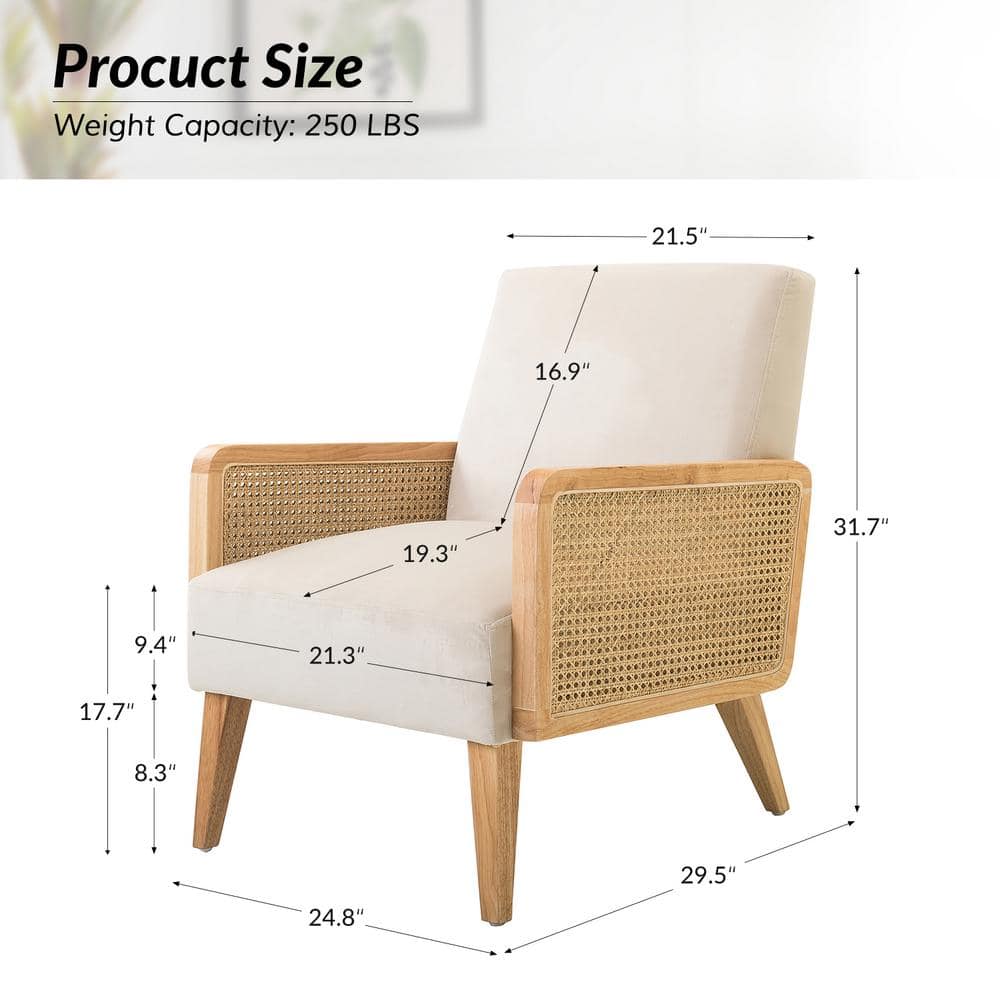 Beige Velvet and Rattan Armchair Set with Wooden Legs