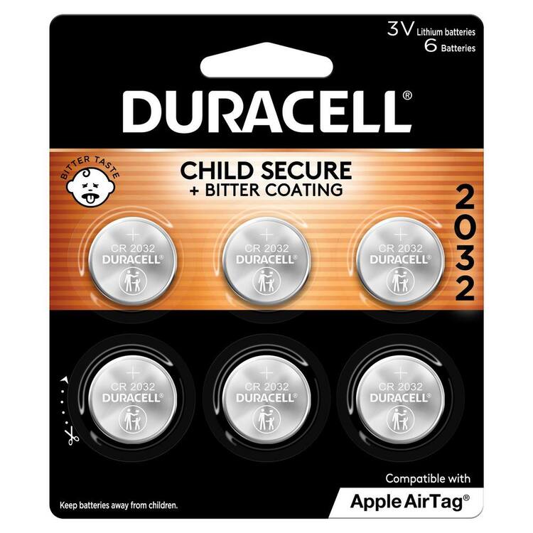 Duracell CR2032 3V Lithium Coin Battery, 6 Count Pack, Child Safety Features, Bitter Coating, Compatible with Apple Air Tag