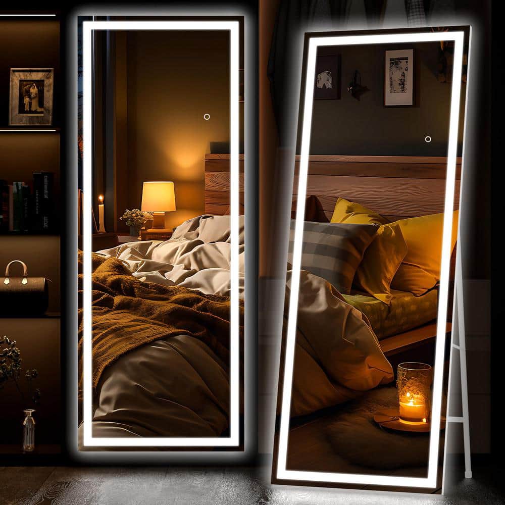 20 in. W x 67 in. H Square White LED Lighted Floor Standing Mirror, Full Bo