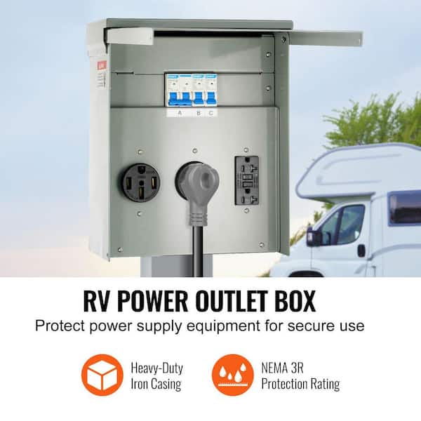 Temporary Power Outlet Panel, 125/250V RV Power Outlet Box with 20/30/50 Amp Receptacles, NEMA 14-50R /TT-30R/15A GFCI