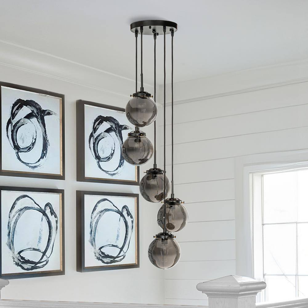 5-Light Modern Matte Black Staircase Chandelier with Smoke Globe Bubble Gla