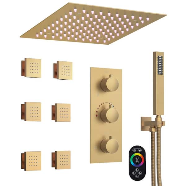 Full Spectrum LED 12 in. Triple Handle 5-Spray Ceiling Mount Shower Faucet 2.5 GPM with Body Spray in Brushed Gold