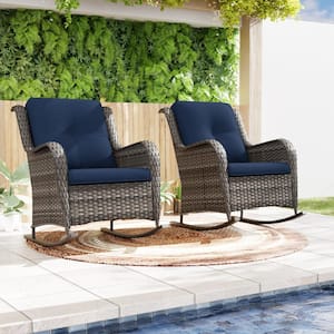 Wicker Outdoor Rocking Chair Patio with Blue Cushion (2-Pack)