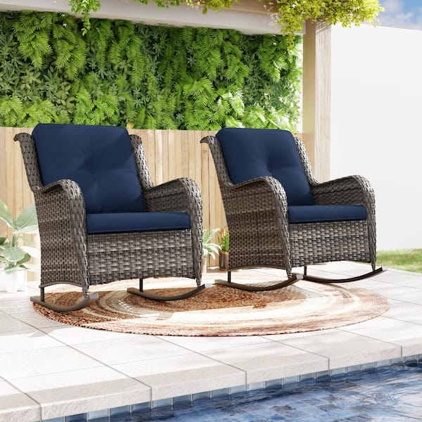 JOYSIDE Wicker Outdoor Rocking Chair Patio with Blue Cushion (2-Pack)