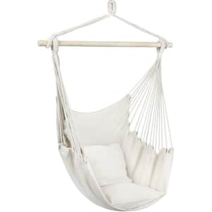 47 in. Portable Hanging Rope Hammock Chair Swing with 2 Matching Pillows in Cream White
