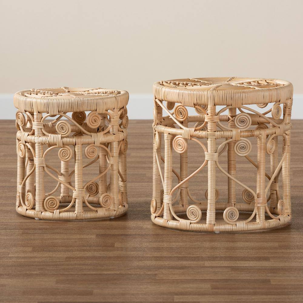 Natural Brown Rattan Round Bohemian 2-Piece Nesting Tables