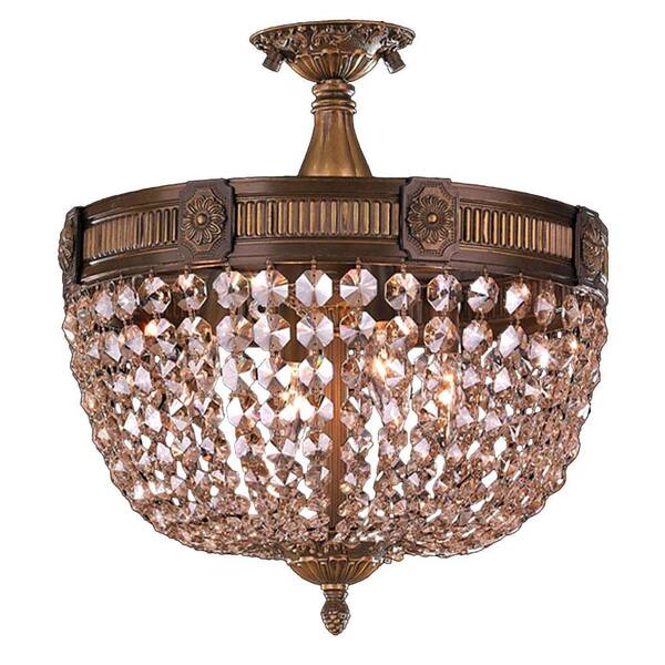 Worldwide Lighting Winchester Collection 4-Light Antique Bronze and Golden Teak Crystal Semi-Flush Mount Light
