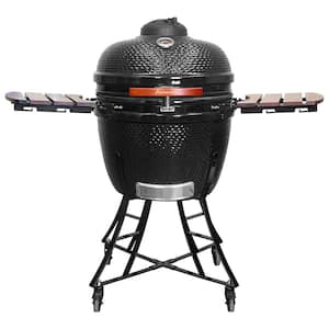24 in. Kamado Ceramic Charcoal Grill in Black with Cart and Side-Wings