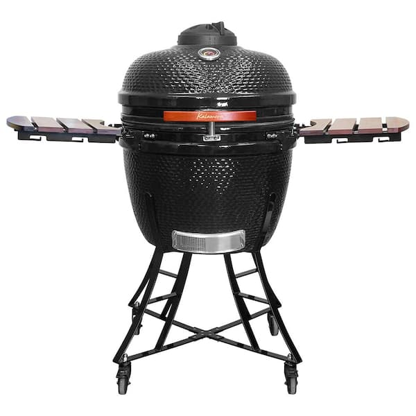 Kalamera 24 in. Kamado Ceramic Charcoal Grill in Black with Cart and Side-Wings