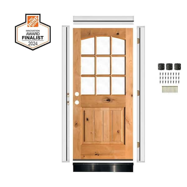 DIY 32 in. x 80 in. Arch Top Right-Handed Clear Glass Clear Stain Knotty Alder Wood Front Door Kit w/Quick Assemble Jamb