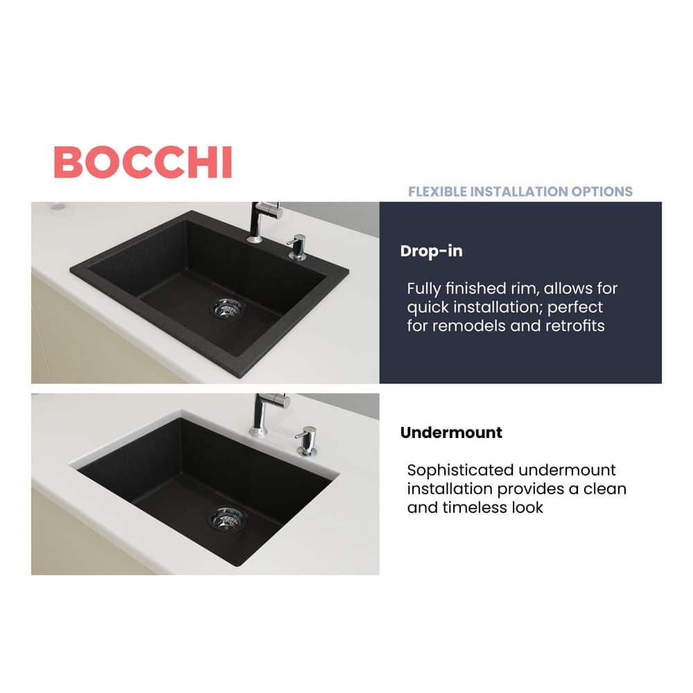 Metallic Black 24-Inch Granite Single Bowl Drop-In Kitchen Sink