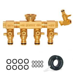 Heavy-Duty Brass Garden 4-Way Hose Splitter with Quick Connect Fittings, ON/OFF Valves, and Rotatable Arms