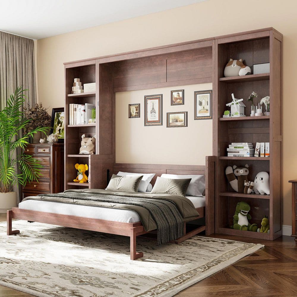 Dark Brown Wood Frame Queen Size Murphy Bed Wall Bed with Storage Bookshelves