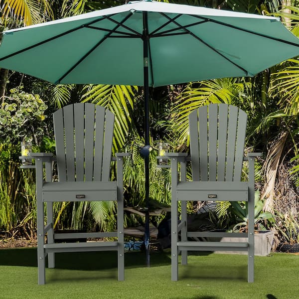 Gray HDPE Plastic Tall Adirondack Chairs Set of 2, Outdoor Bar Stools with Cup Holders, 350 lbs. Capacity