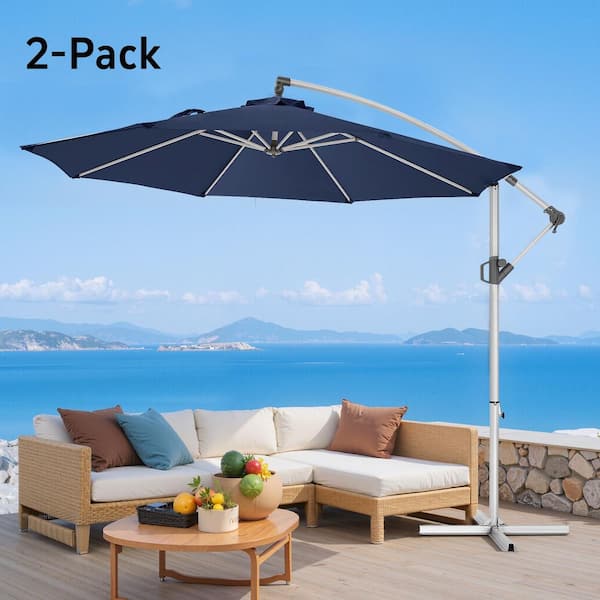 10 ft. Metal Offset Cantilever Market Patio Umbrella in Blue Canopy with Easy Tilt and Crank for Deck Pool