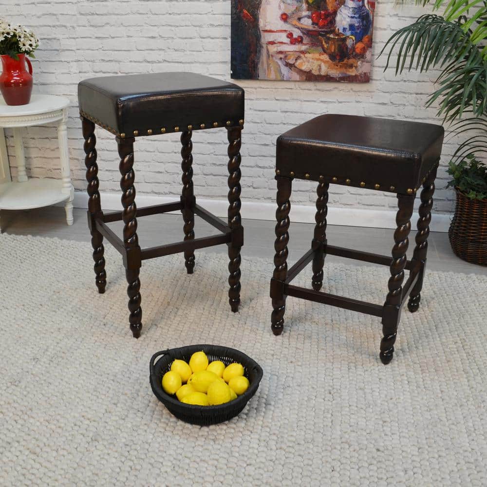Espresso Brown Leatherette Backless Counter Stool with Nailhead Trim