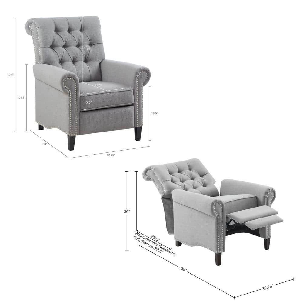 Elegant Gray Microfiber Recliner with Tufted Back and Bronze Nailhead Trim