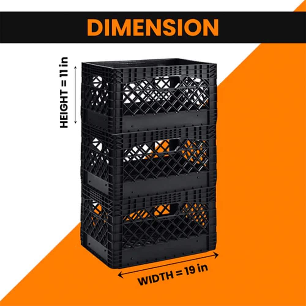 Heavy Duty Black Stackable Storage Crate with Handles, 3 Pack