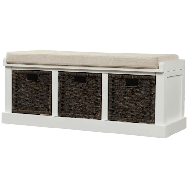 Harper & Bright Designs White Washed Entryway Storage Bench with Removable Cushion and 3-Removable Classic Fabric Basket