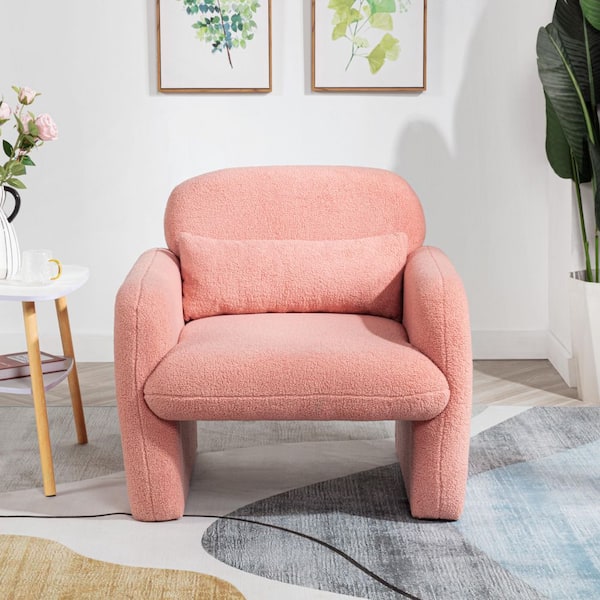 27.95 in. Modern Comfort Pink Square Armchair, Accent Chair Teddy Fleece Sofa Chair with Pillow and Armrests