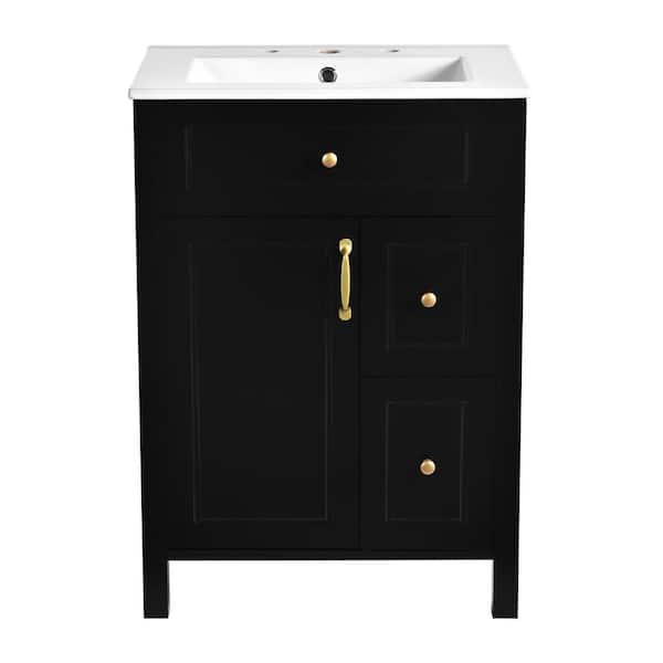 24 in. Single Sink Freestanding Black Bath Vanity with White Ceramic Top, Double Storage Racks