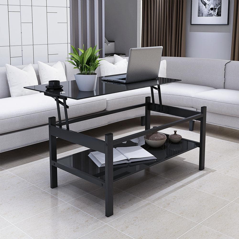 Black Glass Lift-Top Rectangular Outdoor Coffee Table