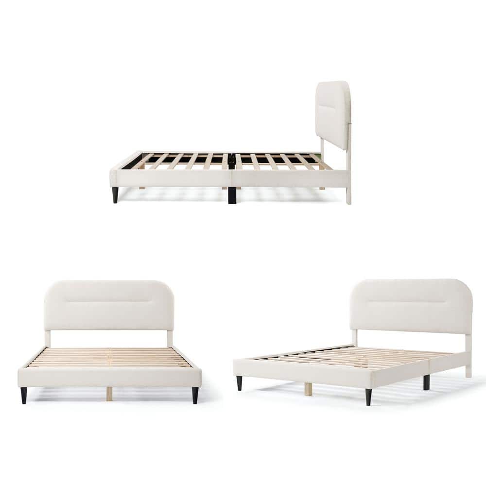 Cream Upholstered Queen Bed with Tufted Headboard and Nailhead Trim