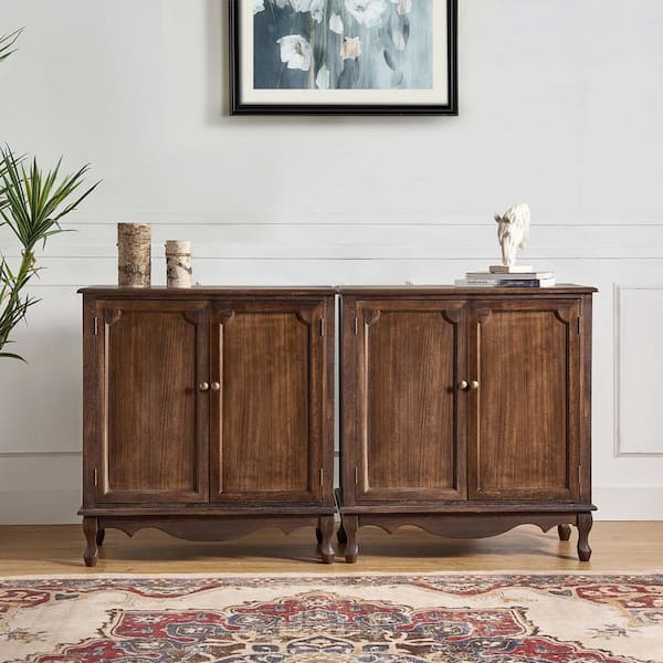 JAYDEN CREATION Elpenor Walnut 34 in. H 2-Door Accent Cabinet with Sloid Wood Legs Set of 2