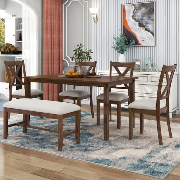 Qualler Natural Cherry 6-Piece Wood Top Dining Table with 4 Chairs and Bench