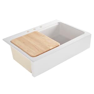 Josephine Crisp White Fireclay 34 in. 3-Hole Single Bowl Farmhouse Apron Workstation Kitchen Sink with Cutting Board