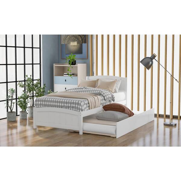 VERYKE White Wood Frame Twin Size Platform Bed with Trundle DB