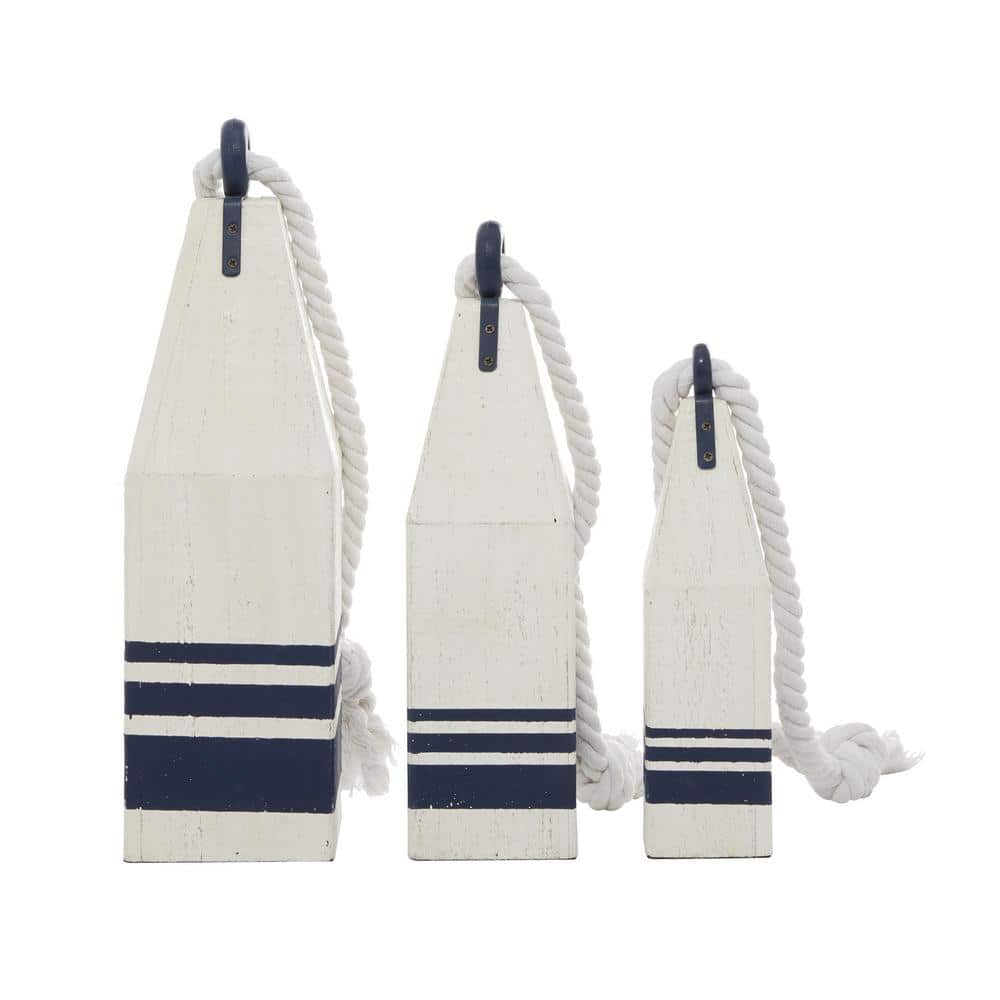 White and Navy Wood Buoy Sculptures with Rope Accents, Set of 3