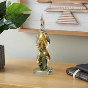 Clear Glass Twisted Abstract Sculpture with Green Accents
