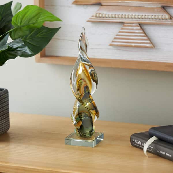 Litton Lane Clear Glass Twisted Abstract Sculpture with Green Accents