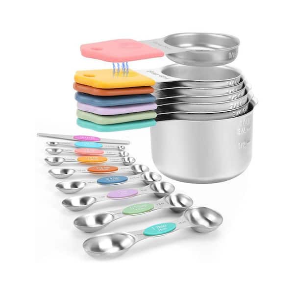 16-Piece Stainless Steel Measuring Cup and Spoon Set with Double Measurement Markings and Magnetic Nesting Design