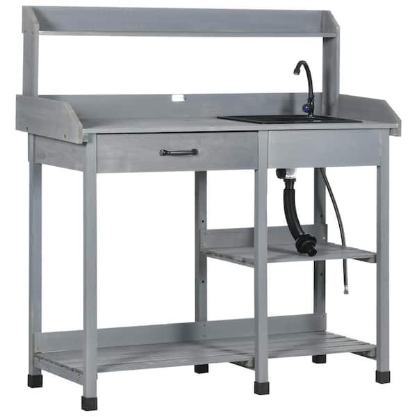 Outsunny Potting Bench Table Includes Removable Outdoor Sink Station with Hose Hook Up, Gray