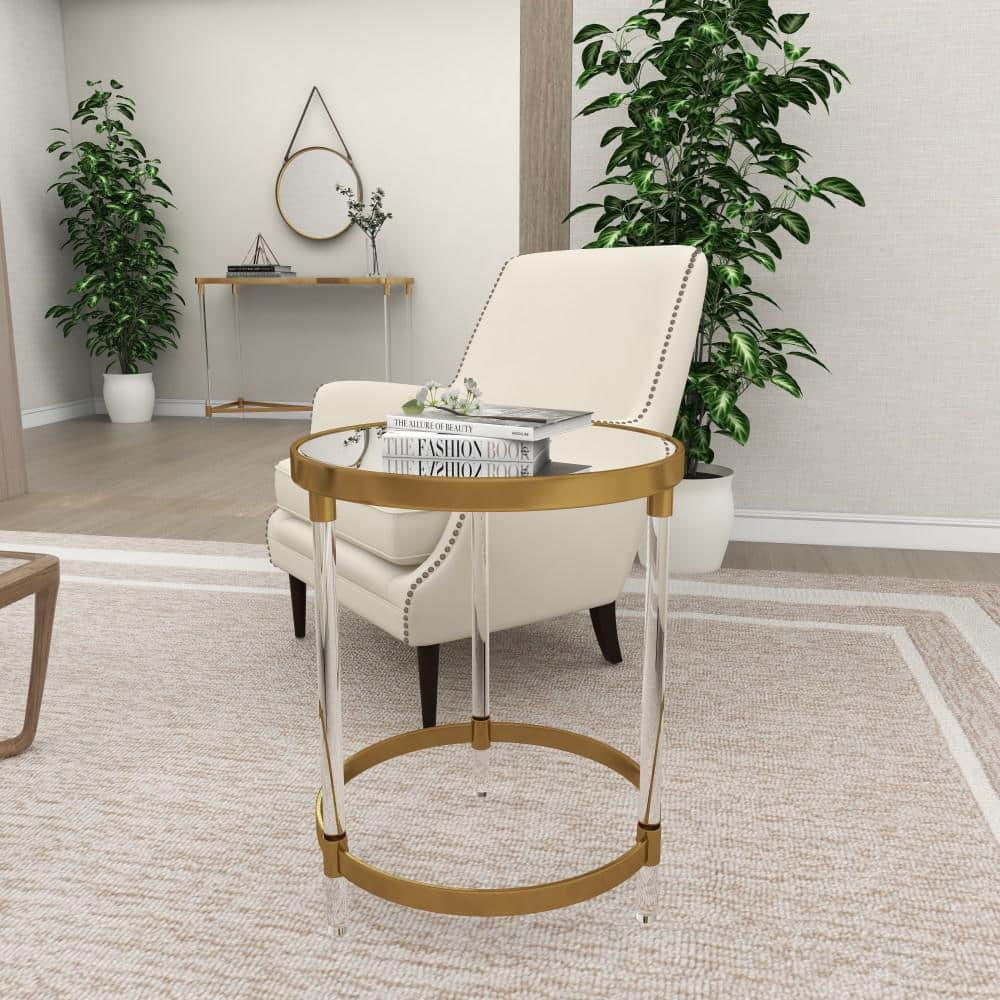 Elegant Gold Round Acrylic Accent Table with Mirrored Top