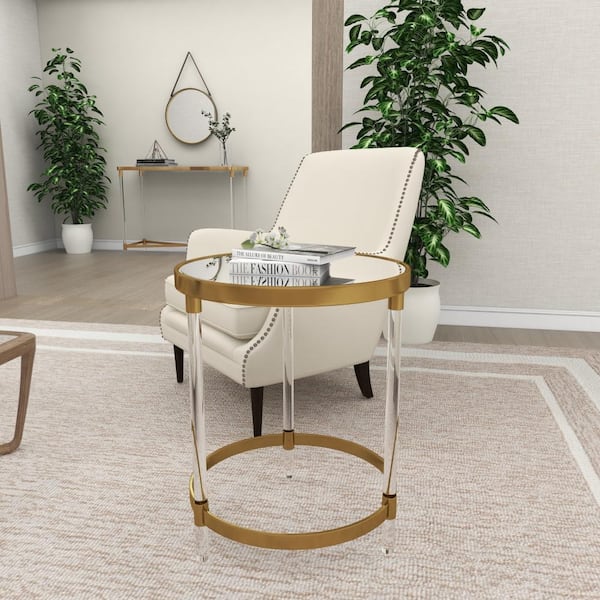 Litton Lane 19 in. Gold Large Round Mirrored End Table with Mirrored Top and Acrylic Legs