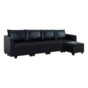 56.1 in. Faux Leather Modern 4-Seater Upholstered Sectional Sofa Bed with Ottoman in Black