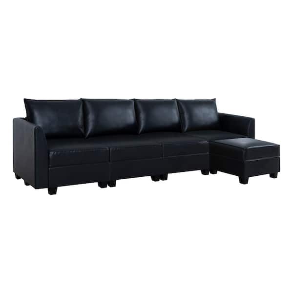 HOMESTOCK 56.1 in. Faux Leather Modern 4-Seater Upholstered Sectional Sofa Bed with Ottoman in Black