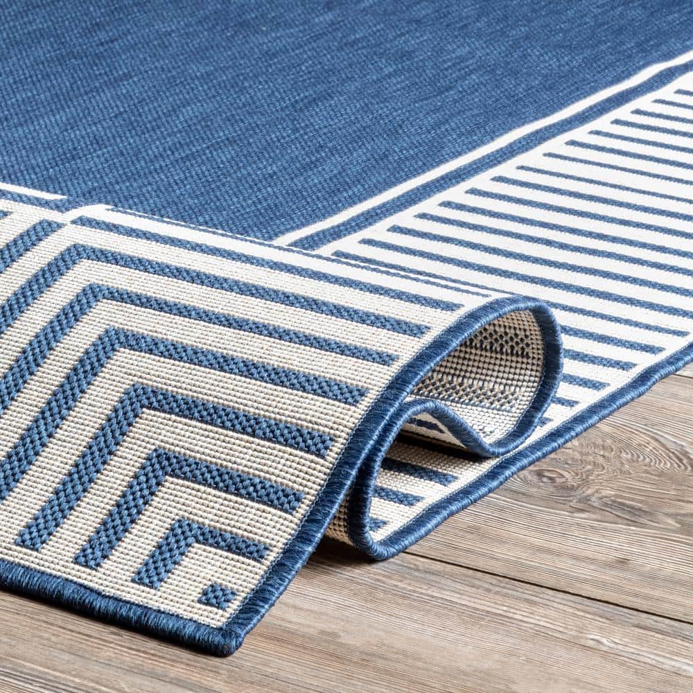 Navy and White Striped Synthetic Indoor/Outdoor Rug