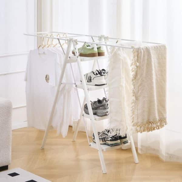 4-Step Compact Iron Folding Step Stool with Drying Rack, 9 ft. Reach, 300 lb. ANSI Type IA