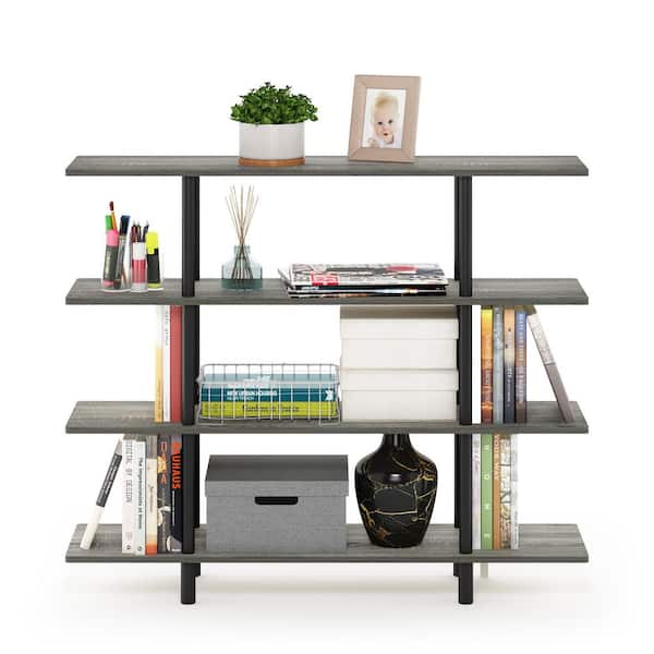 Furinno 39.45 in. French Oak Gray/Black Plastic 4-shelf Etagere Bookcase with Open Back