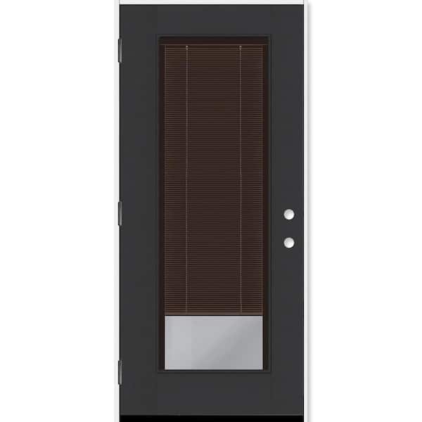 Legacy 28 in. x 77 in. Full Lite Clear Glass Mocha Miniblind RHOS Black Finish Fiberglass Prehung Door w/4-9/16 in. Jamb