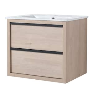 SCHAT 24 in. W x 18 in. D x 21 in. H Wall Mount Bath Vanity in Plain Light Oak with White Ceramic Top Soft-Close Drawer