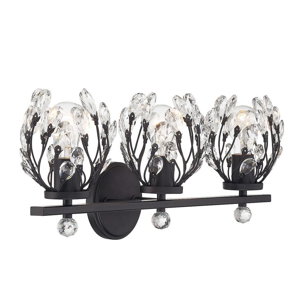 Moreno Matte Black 3-Light Vanity with Clear Crystal Buds